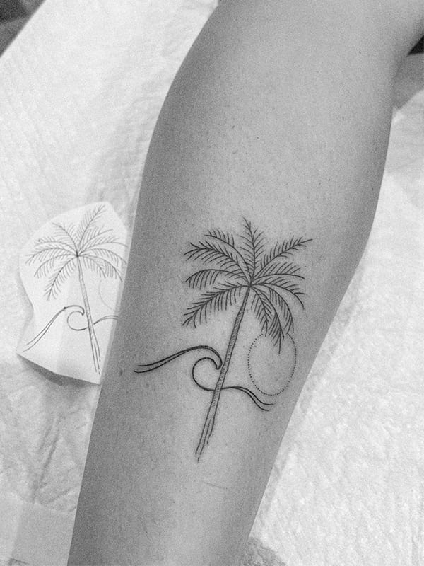 fine line palm tree tattoo
