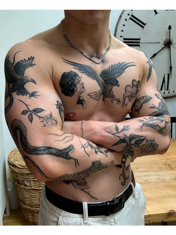 patchwork chest tattoos